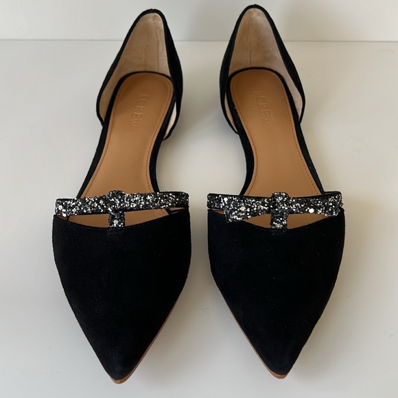J Crew Suede D'Orsay Sparkle Glitter Rhinestone Black Flats Size 8.5 - Picture 2 of 6
